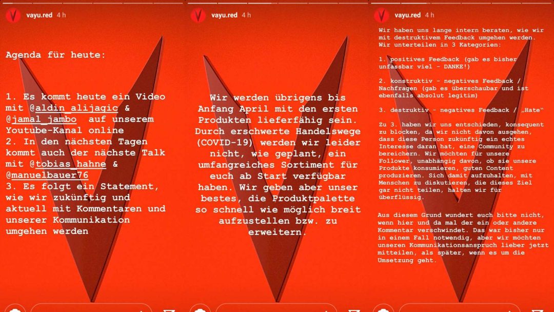 vayu.red Instagram Statement über Produkte und Social-Media Kommentare